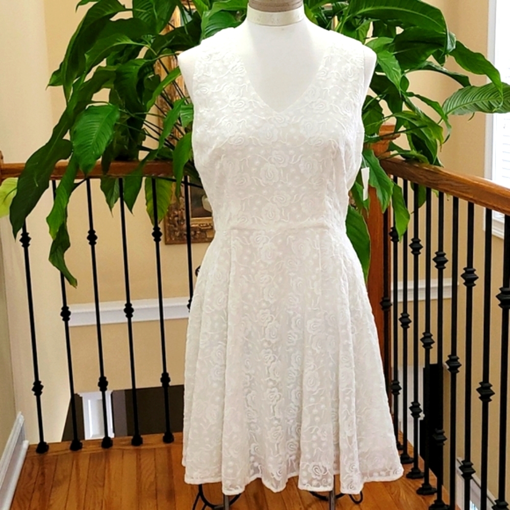 NEW White Dress Flirty Fit Flowy Crepe Overlay Sleeveless Skater BB Dakota sz 8 - Picture 3 of 11